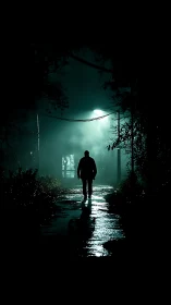 Nocturnal silhouette under volumetric streetlight haze.