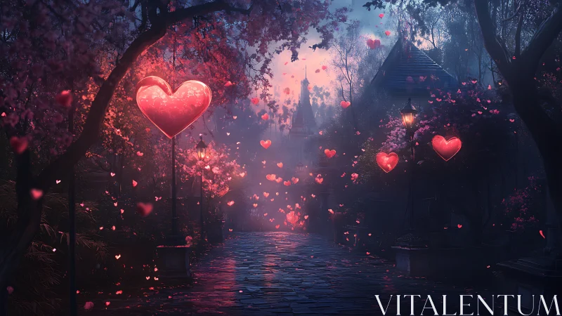 Glowing hearts floating through misty forest scene