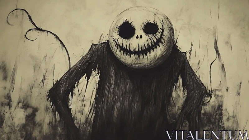 Grinning shadow creature amid dripping monochrome forest.