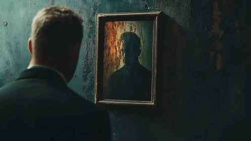 Man in dark suit faces shadowed reflection in vintage mirror