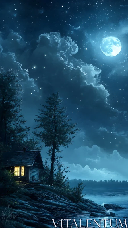 Moonlit lakeside cabin under luminous star-filled sky.