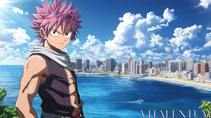 Pink haired anime fighter overlooks sunlit coastal city