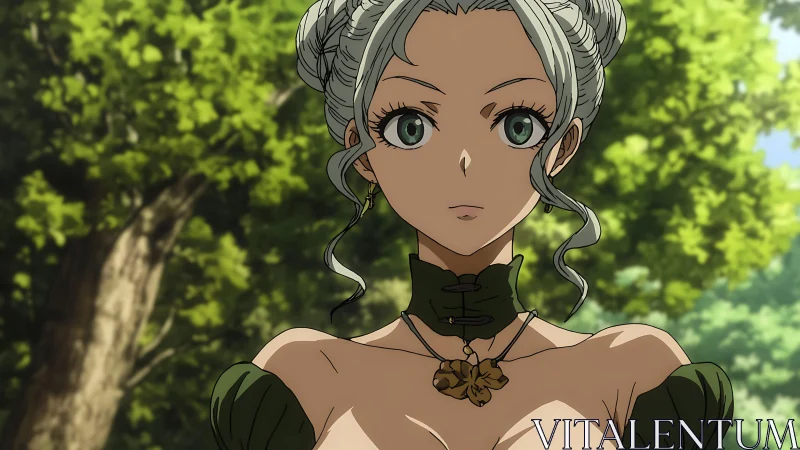 Forest breeze heroine with calm, curious emerald eyes.