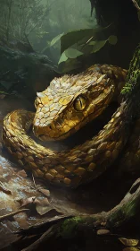 Digital painting of coiled forest viper with luminous scales.