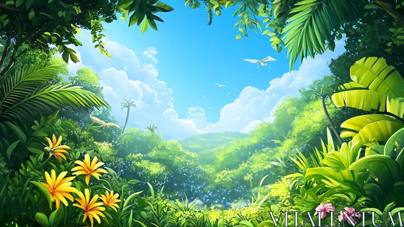 Sunlit jungle clearing where tropical leaves gossip quietly.