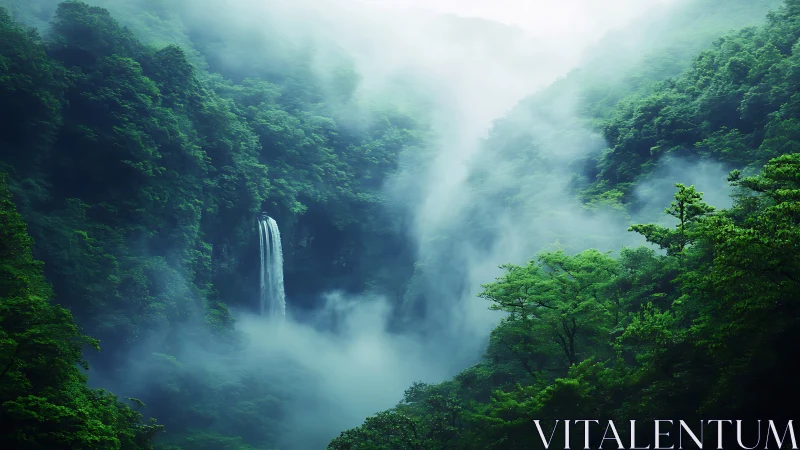 Misty Waterfall in Emerald Forest Valley.