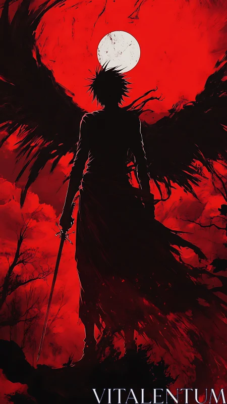 Moonlit shadow angel sharpens the red horizon with wings