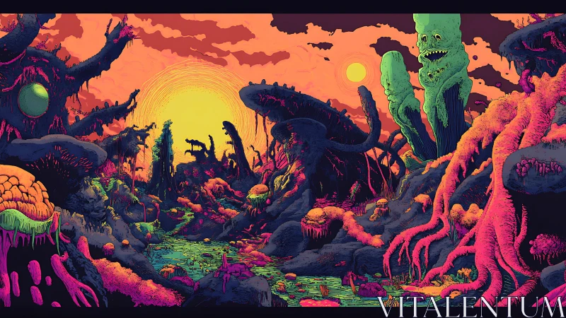 Psychedelic alien swamp valley under dual suns at sunset