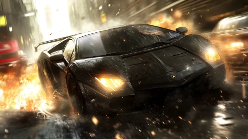 Ballistic supercar slingshot through incendiary urban debris.