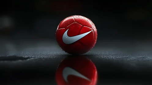 Bold red football resting in glistening twilight calm.