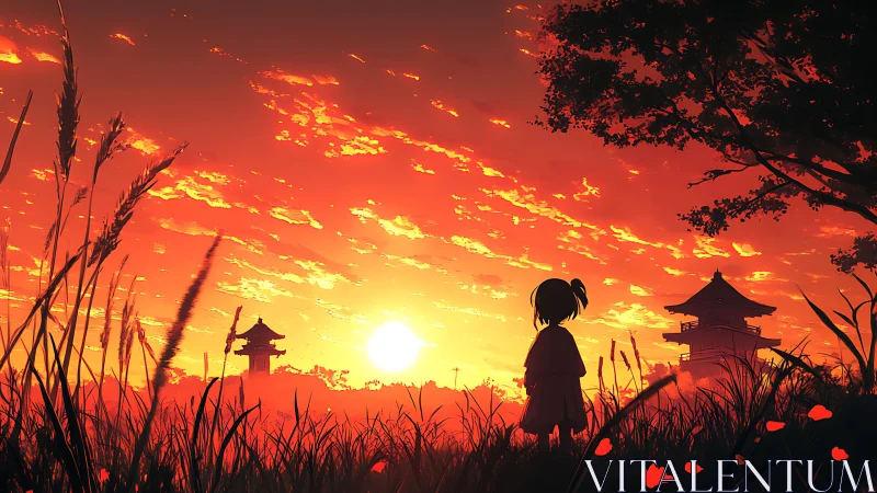 Silhouetted child before pagodas in saturated sunset field.