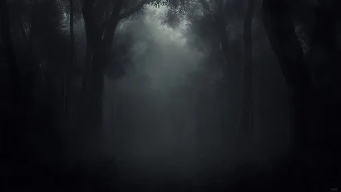 Soft-voiced fog drifts through a brooding midnight forest.