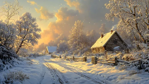 Snow covered country cabins along a glowing winter road.