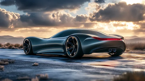 Futuristic silver concept car glides across wet desert road.