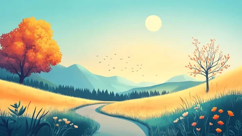 Stylized sunrise valley landscape with winding path and trees