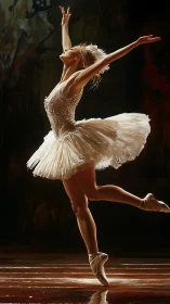 Graceful ballerina leaps under warm spotlight in theater