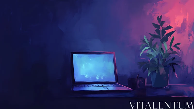 Laptop and potted plant in cool and warm ambient light.