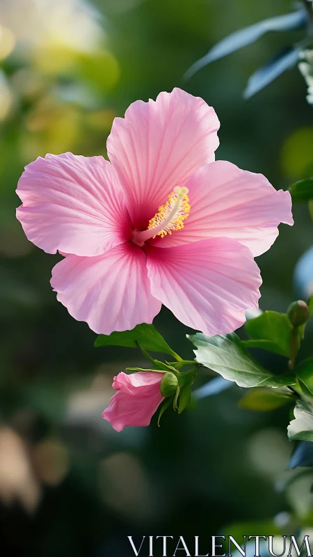 Pink hibiscus flower blooms with delicate petals in garden sunlight.