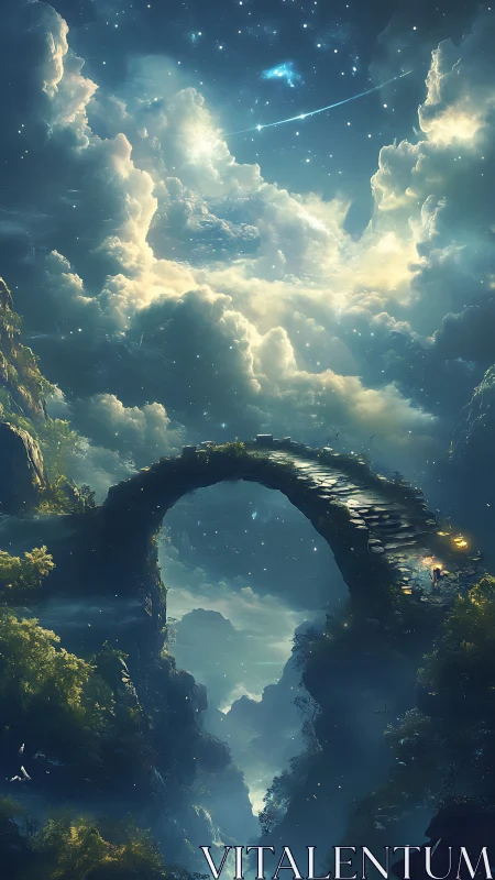 Fantasy stone arch bridge under celestial stormlit sky.
