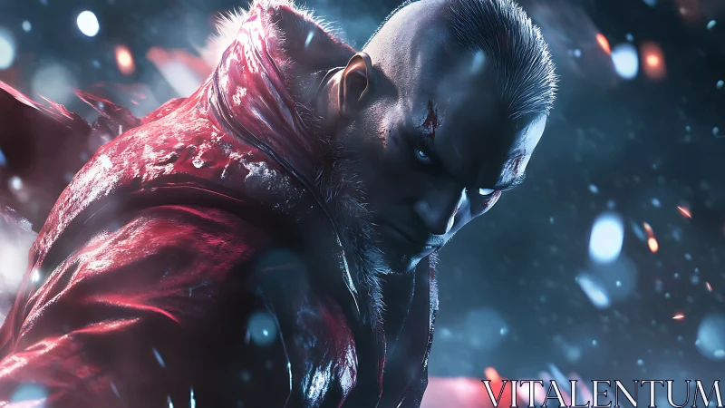 Cinematic 3D portrait of battle-scarred warrior in motion blur.