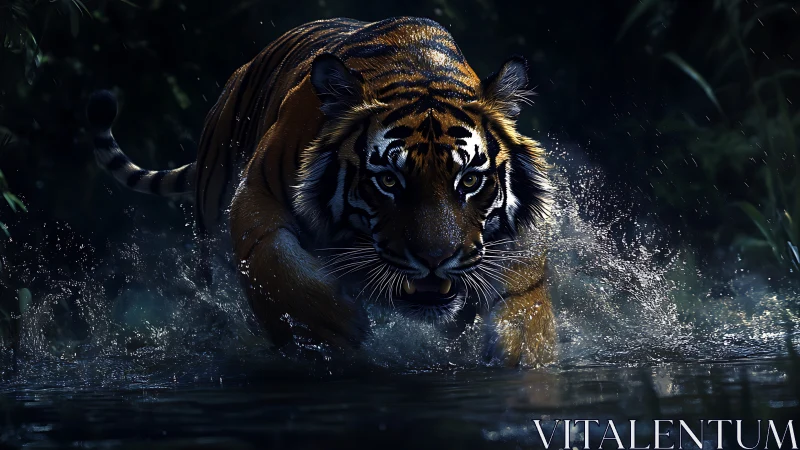 Predatory tiger charges through nocturnal water in high contrast