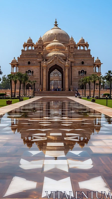 Photorealistic temple architecture with reflective axial symmetry.