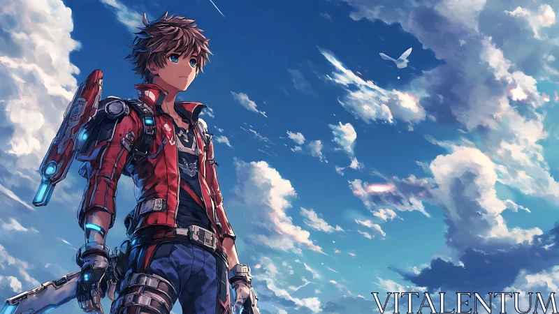 Skybound cyber adventurer under cathedral clouds of possibility.