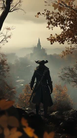 Cloaked figure surveys distant castle through misty forest