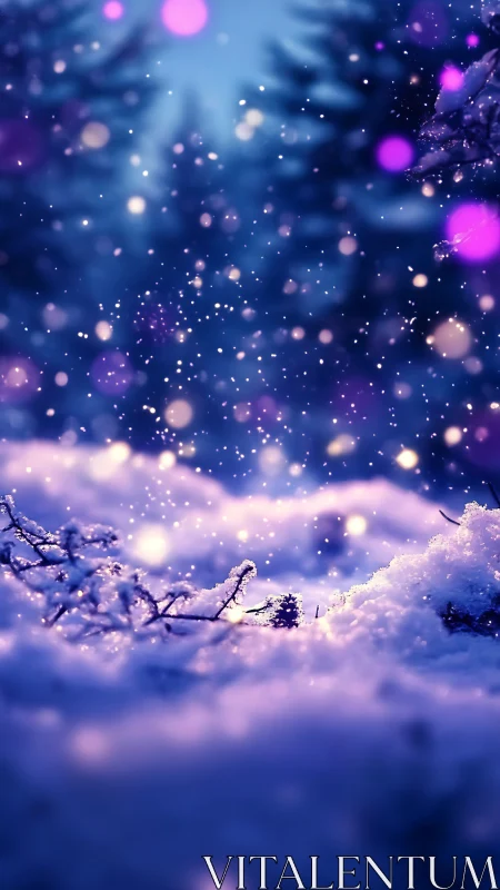 Glowing winter snowfall over soft-focus forest landscape