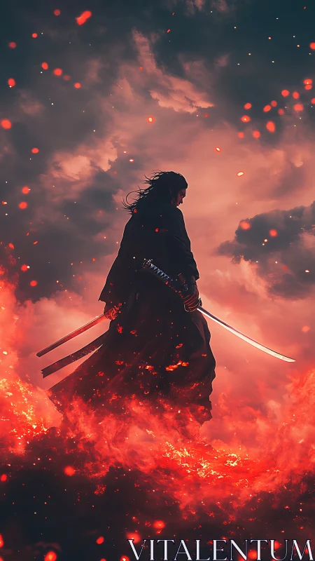 Lone samurai silhouette strides through embers under storm sky
