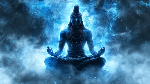 Meditating blue humanoid figure sits amid dense smoky glow
