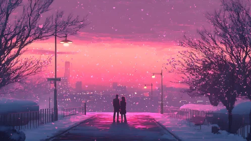 Urban Overlook at Dusk. Two Figures Observe Cityscape Lights.