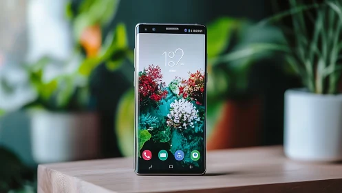 Smartphone with botanical wallpaper displayed on wooden surface