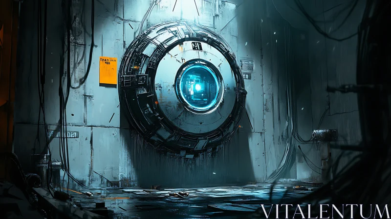 Circular industrial portal embedded in worn facility wall.