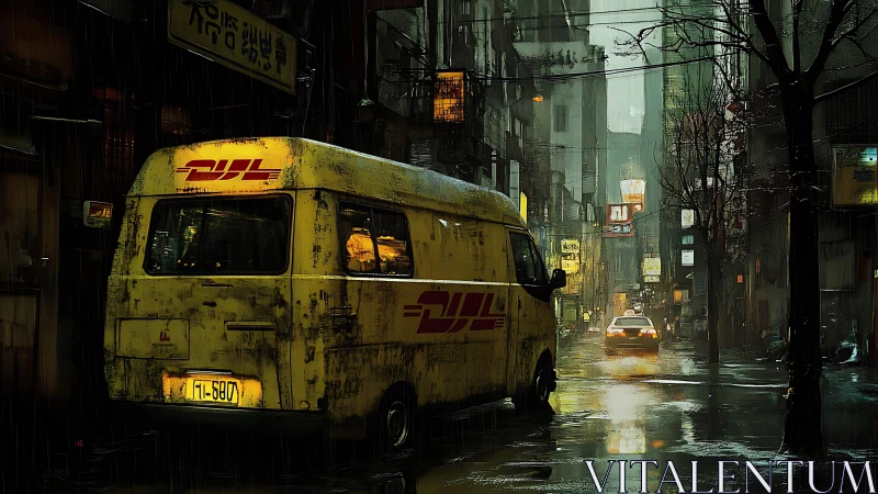 Rain-soaked courier van in neon-lit alley with cinematic depth