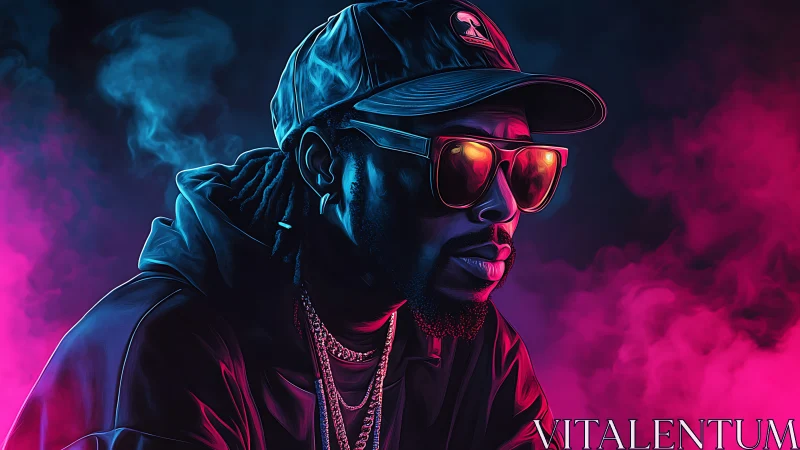 Neon lit portrait of man in sunglasses and cap at night.