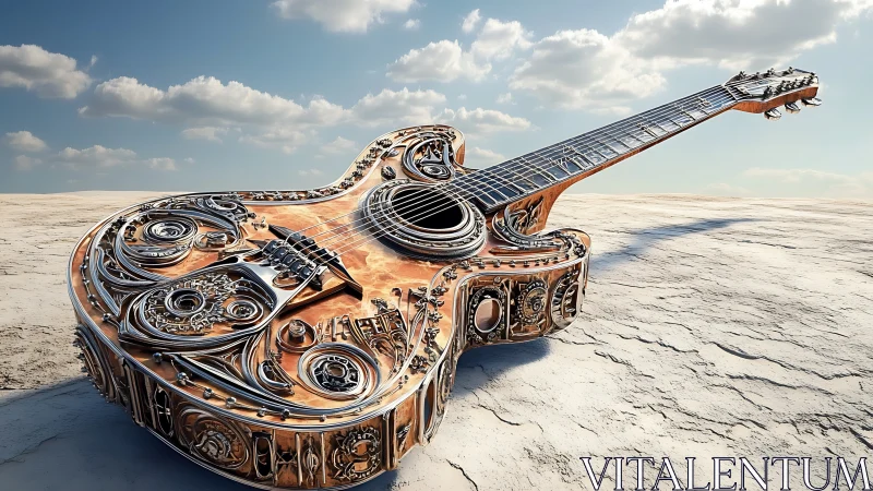 Metallic acoustic guitar sculpture rests on arid terrain