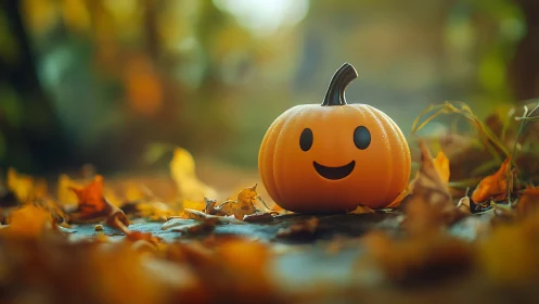 Cheerful smiling pumpkin brightens a golden autumn path