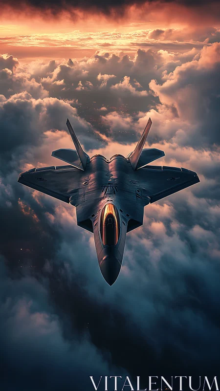 Stealth fighter jet slicing through stormlit sunset clouds.