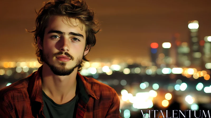 Moody young man before neon city bokeh at nightfall.