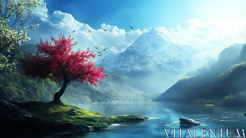 Serene mountain lake with red tree and distant peaks.