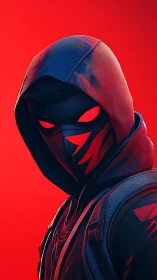 Masked cyber rogue glares against vivid neon red backdrop.