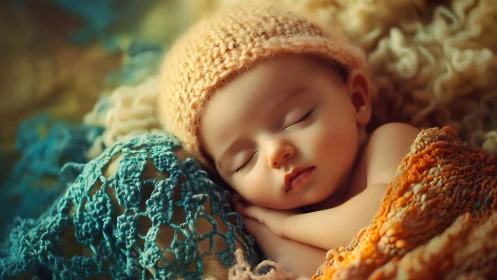 Peaceful newborn sleeping in textured knitted blankets.