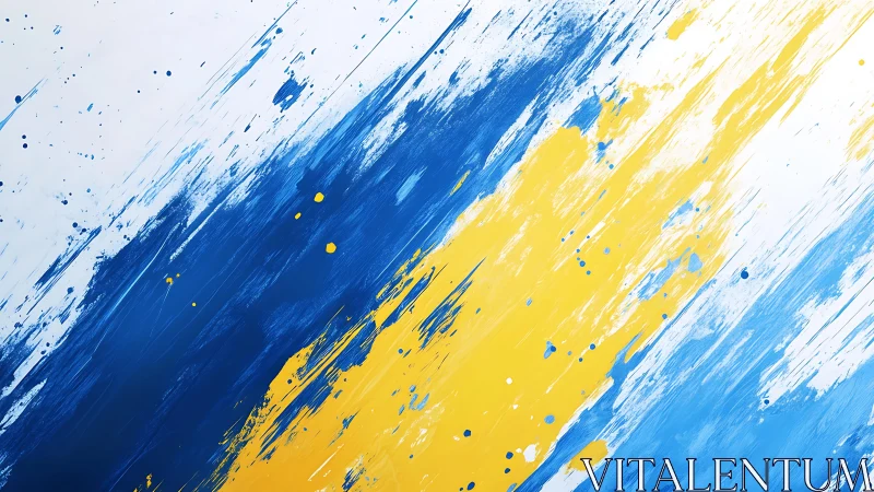 Abstract blue and yellow paint streaks on white canvas background.