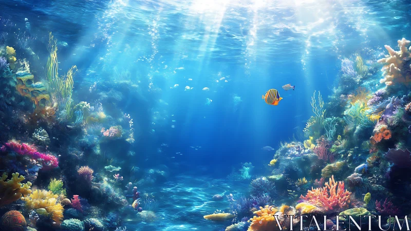 Sunlit coral reef interior shows fish swimming through clear water