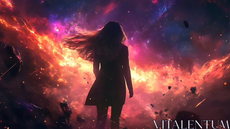 Silhouetted woman within luminous cosmic nebula storm.
