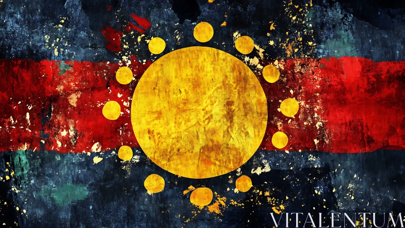 Grunge style abstract sun emblem on red and blue field.