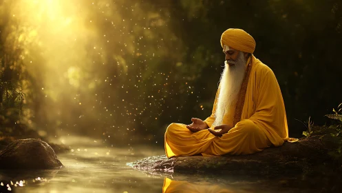 Golden-robed sage in riverbank meditation cradle of light.