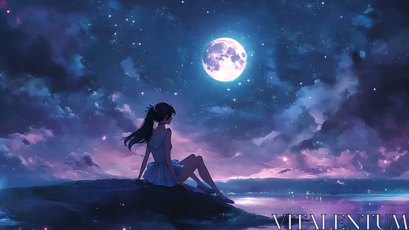 Solitary girl contemplates a glowing moon over tranquil sea