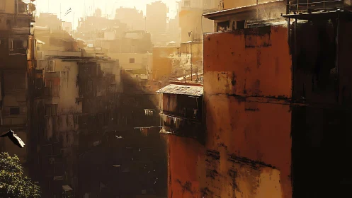 Urban rooftops in hazy golden light at sunset.